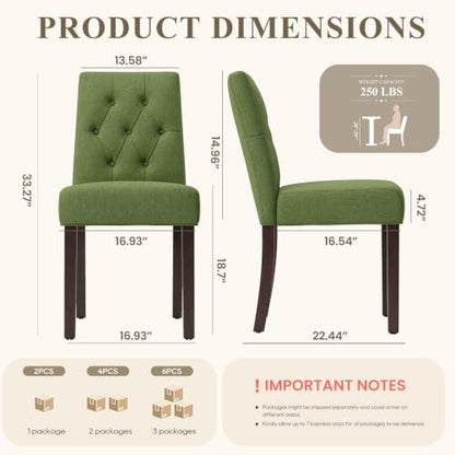 Upholstered Dining Chairs Set of 2, Modern Fabric Dining Chairs with Tufted Design, Kitchen Side Chairs, Farmhouse Dinner Chair with Wood Legs for Kitchen Restaurant Living Room, Green - color: Green, size: Set of 2