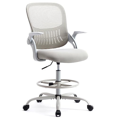 Sweetcrispy Tall Drafting Chair, High Office Desk Chair with Lumbar Support | Adjustable Height, Comfy Flip-up Arm, Footrest, 360° Rolling Counter Stool, Grey - color: Grey, size: 48.4 inches (H) x 24 inches (W) x 25.2 inches (D)