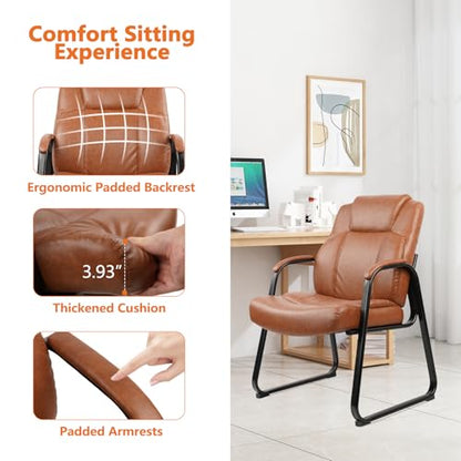 CLATINA Big and Tall Office Chair Set of 4 500lbs Leather Reception Chair with Bonded Padded Armrest Wide Seat Sled Base Desk Chair No Wheels for Reception Conference Waiting Room Side Office, Brown - color: Brown, size: 4 Pack