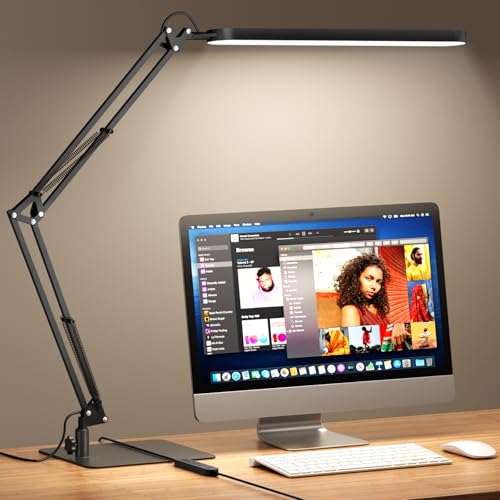 SKYLEO LED Desk Lamp with Slim Base - Adjustable Swing Arm Desk Light, Dimmable, Timer, Eye Protection, Memory Function, 1300LM, 12W, Black - style: Black swing arm with Base