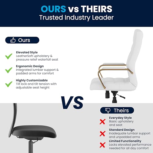 Flash Furniture High Back White LeatherSoft Executive Swivel Office Chair with Gold Frame and Arms - color: White Leathersoft/Gold Frame