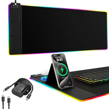 Wireless Charging RGB Mouse Pad with Phone Stand, Large Gaming Desk Mat (Black - 31.5x15.8 with PD Adapter) - color: Black - 31.5x15.8" with PD Adapter