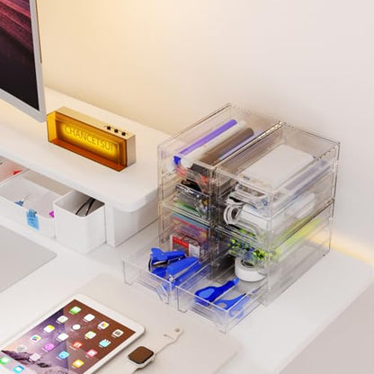 Clear Acrylic Desktop Organizer Drawers - Stackable Plastic Storage for Makeup, Craft Supplies, and Office Stationery - Transparent Vanity Cabinet & Aesthetic Desk Declutter Unit (Pack of 2) - size: 4.4” L x 8”W x 2” H (Pack of 2)