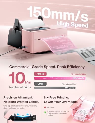Phomemo PM64D Shipping Label Printer 4x6 Bluetooth with Touch Screen | 150mm/s printing, one-touch calibration, Bluetooth connection, compatible with Amazon, USPS, UPS, iOS, Android, Windows & Mac - color: Pink