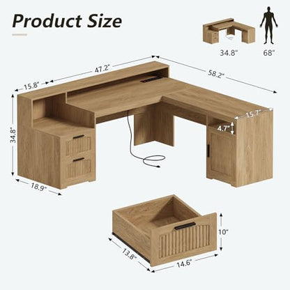 63" Fluted L Shaped Desk with Drawers & Printer Shelf for Home Office - color: Oak