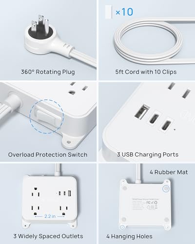 TROND Flat Power Strip with 360° Rotating Plug - size: 5FT