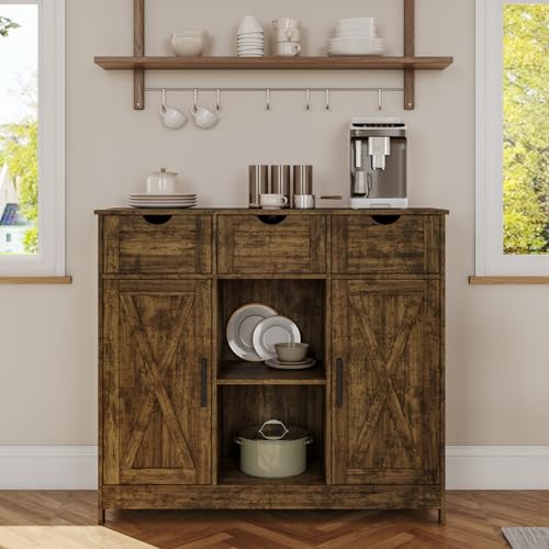 Viaozutis Storage Cabinet, Coffee Bar Cabinet with 2 Adjustable Shelves, 3 Drawers, and 2 Doors, for Bathroom, Kitchen, Living Room (Retro) - color: Retro