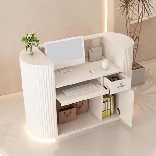 Modern Reception Desk with Counter - Curved Front Checkout Page with Led Lighting, Lockable Drawers, Hidden Cable Management and Wood Construction, Salon Reception Desk for Beauty Salons - color: Milky White