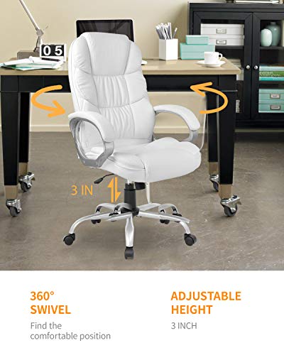 Office Chair Computer High Back Adjustable Ergonomic Desk Chair Executive PU Leather Swivel Task Chair with Armrests Lumbar Support (White) - color: White, style: without massage