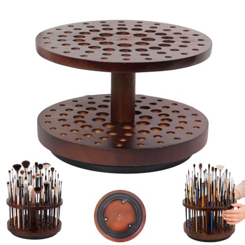 Solid Wood 360° Spinning Paint & Makeup Brush Organizer - color: brown（72 Holes）