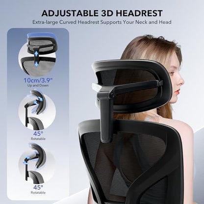 Ergonomic Office Chair Mesh – Adjustable Lumbar 3D Armrests High-Back Desk - color: Black-pf1