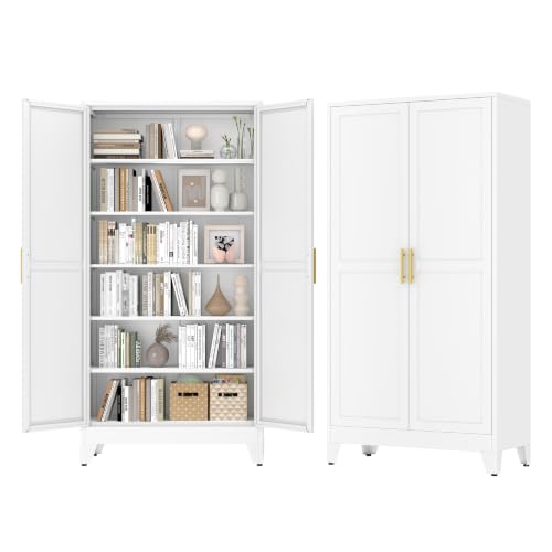 GAIOUS 79" Tall Kitchen Pantry Cabinet,Metal Storage Cabinet White Cupboard | with 2 Doors and 5 Adjustable Shelves, Freestanding Cupboard, 6 Tier Steel Storage for Office Kitchen Dining Garage Hallways - color: White, size: 17.7"D x 39.4"W x 78.7"H