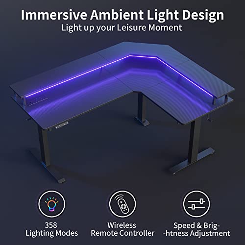 FEZIBO 63"x49" L Shaped Standing Desk with LED Strip & Power Outlets, Height Adjustable Sit Stand Corner Computer Desk with Ergonomic Monitor Stand, Black Top/Black Frame