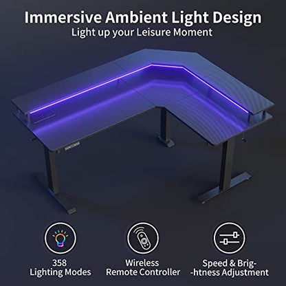 FEZIBO 63"x49" L Shaped Standing Desk with LED Strip & Power Outlets, Height Adjustable Sit Stand Corner Computer Desk with Ergonomic Monitor Stand, Black Top/Black Frame