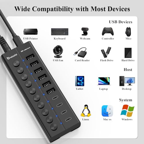 Powered USB Hub, 10-Port USB C Hub with 6 USB-A 3.2, 4 USB-C 3.2 Ports - color: Black