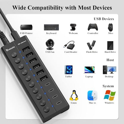 Powered USB Hub, 10-Port USB C Hub with 6 USB-A 3.2, 4 USB-C 3.2 Ports - color: Black