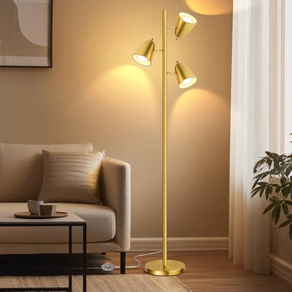 QiMH Tree Floor Lamp with 3 Light Bulbs, Standing Tall Pole Lamps for Living Room Bedroom Office, Reading Stand up Lamps with 3 Adjustable Arms, Brushed Gold - color: Brushed Gold