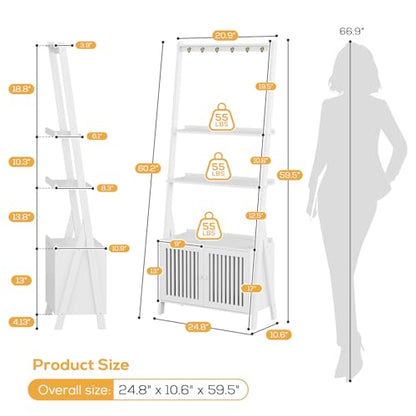 Ladder Shelf with Drawers, Bookshelf 4-Tier Bamboo Bookcase with 6 Hooks - color: 4-tier White