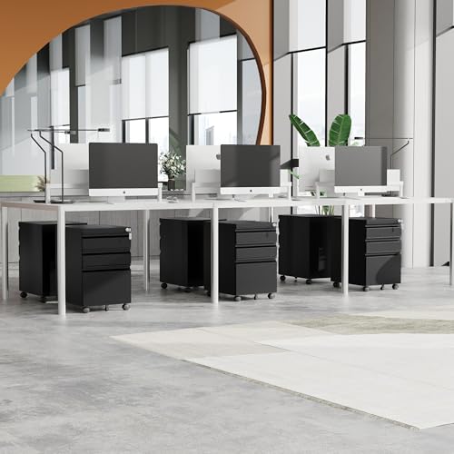 MIIIKO 3 Drawer File Cabinet on Wheels, Home Office Mobile File Cabinet Under Desk, Full Assembled Metal Filing Cabinets with Lock for Legal/Letter/A4 File Folders - color: Black, size: 3Drawer-24.5"H