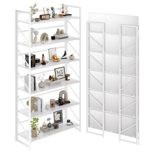 JSB 6 Tier No Assembly Folding Bookshelf, 30.7" Wide Foldable Storage Bookcase for Home Office, Space-Saving Storage Shelf for Living Room (All White) - color: All White, size: Wide Flat Tube 6-Tier