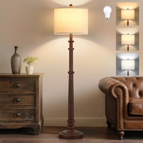 EJIAXIN Floor Lamps for Living Room - 60" Farmhouse Floor Lamp with Adjustable Color Temperatures - Vintage Standing Lamp Reading Light with Linen Shade Tall Lamp for Bedroom Office, Reddish Brown - color: Reddish Brown