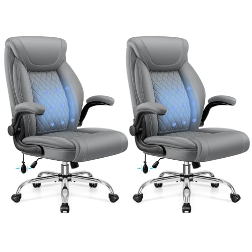 BestGlory Executive Office Chair with Lumbar Support, Big and Tall Ergonomic Computer Desk Chair, Leather Comfy High Back Gaming Chair with Flip Up Arms & Rocking Function for Home Office, Gray - color: Grey, size: 2 Pack