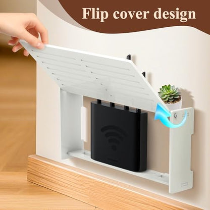 Router Shelf Wall Mount WiFi Router Box Hider Modem Cover with Cable Management Power Strip Organizer Storage Box Multiple Cable Holes (White)