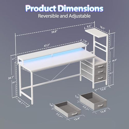 Mericonia 60 inch Gaming Desk with Drawers, Reversible Computer Desk, White - color: White, size: 60"