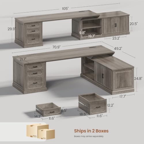 SEDETA Farmhouse L Shaped Desk with Drawers, 70.9" Home Office Desk with Storage Cabinet and Storage Shelves, L Shaped Computer Desk with Power Outlet，Gray - color: Grey, size: 70.9" L Shaped Desk