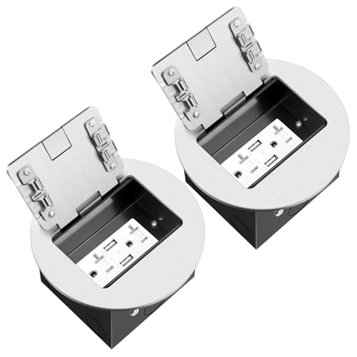 2 Pack Recessed Floor Outlet with 4.8A USB Charger,20 Amp TR Receptacle | Round Hidden Outlet Kit Electrical Waterproof Cover Box for Home Renovation,ETL Listed,Silver - color: Silver, size: USB Outlet-2 Pack