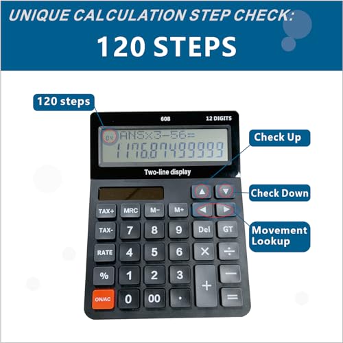 DECKLIT Battery and Solar Unique 120-Step Calculation Check 12 Digit 2 Line Extra Large Calculator Big Buttons and 5.5" LCD Display, Configurable Tax Rate Financial Calculator for Tax Calculations - color: 2 line black