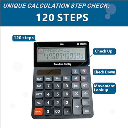 DECKLIT Battery and Solar Unique 120-Step Calculation Check 12 Digit 2 Line Extra Large Calculator Big Buttons and 5.5" LCD Display, Configurable Tax Rate Financial Calculator for Tax Calculations - color: 2 line black