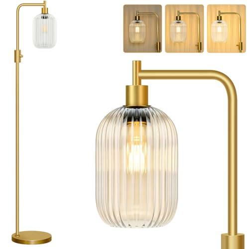 【Upgraded】 Dimmable Floor Lamp for Living Room with Clear Ribbed Glass Lampshade, Gold Modern Floor Lamp with 900LM LED Bulb Included, Arc Standing Tall Lamp for Bedroom, Office, Reading Room, Corner - color: Clear Ribbed Glass-Gold
