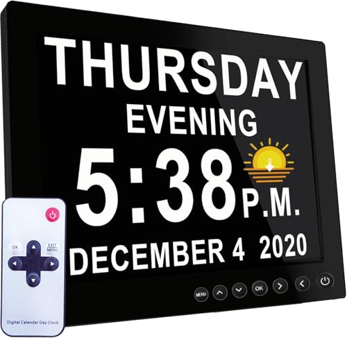 MASSII 8 Inch Large Dementia Clock 28 Alarms with Auto DST, 20 Custom Reminders,10 Levels Auto Dimmer, 6 Display Modes, Digital Clock with Date and Time, 8" Black with Remote - color: 8.1" Hd-black