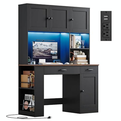 Keyluv 71" Tall Computer Desk with Hutch Cabinet, Home Office Desk with Storage Drawers Shelves and Side Rack, Wood Executive Desk with Doors, Outlet Station and Smart LED Lights, Black - color: Black