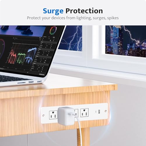 Recessed Power Strip Flush Mount Power Adapter Charging Station with USB Plug Multiple Surge Protector Hidden Outlet Extender with Extension Cord for Home Office Desk Furniture Nightstand Bed (White)