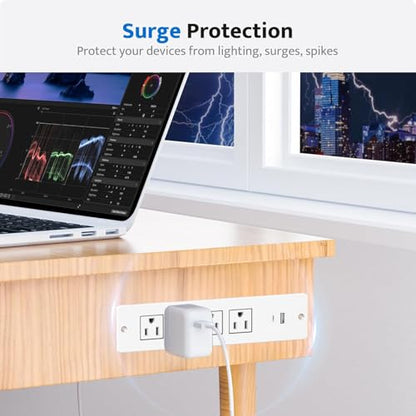 Recessed Power Strip Flush Mount Power Adapter Charging Station with USB Plug Multiple Surge Protector Hidden Outlet Extender with Extension Cord for Home Office Desk Furniture Nightstand Bed (White)