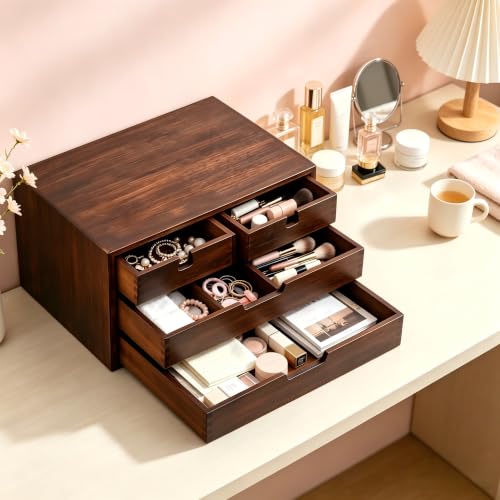 DEAYOU Bamboo Desk Organizer, 100% Natural Bamboo Desktop Drawer Organizer, Dark Brown Tabletop Storage Cabinet Organization Box with 4 Drawer for Makeup, Letter, Home, 3 Layer, Fully Assemble