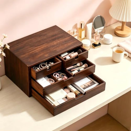 DEAYOU Bamboo Desk Organizer, 100% Natural Bamboo Desktop Drawer Organizer, Dark Brown Tabletop Storage Cabinet Organization Box with 4 Drawer for Makeup, Letter, Home, 3 Layer, Fully Assemble