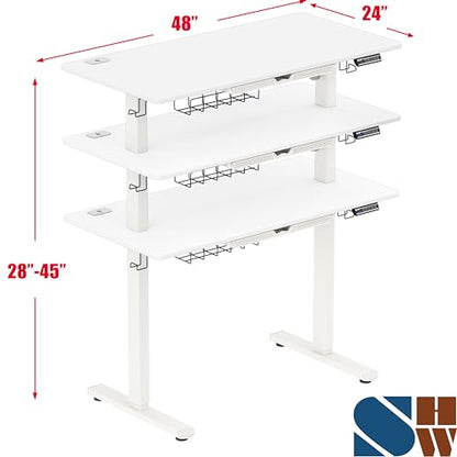 SHW 48-Inch Electric Height Adjustable Standing Desk w/Drawer, White - color: White, size: 48-Inch