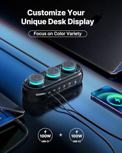 200W GaN Desktop Charging Station, 8-in-1 Desk Accessories with RGB Lights | 140W PD3.1 Fast Charger, Gaming Accessories with 3 AC 5 USB, RGB Lights with 7 Customizable Colors for Gaming & Office Setup