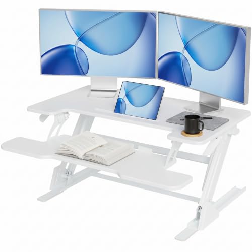YDN Standing Desk Converter 36 inch, Height Adjustable Sit Stand Up Desk Riser, Quick Sit to Stand Tabletop Dual Monitor Riser Workstation for Home Office with Keyboard Tray, White - color: White, size: 36inch