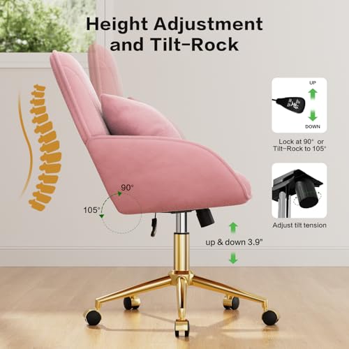 Home Office Desk Chair Comfy with Adjustable Swivel Wheels, Modern Velvet Makeup Vanity Chair with Back & Pillow, Ergonomic Office Chair Computer Task Chair for Living Room, Bedroom, Rose Pink - color: Rose Pink