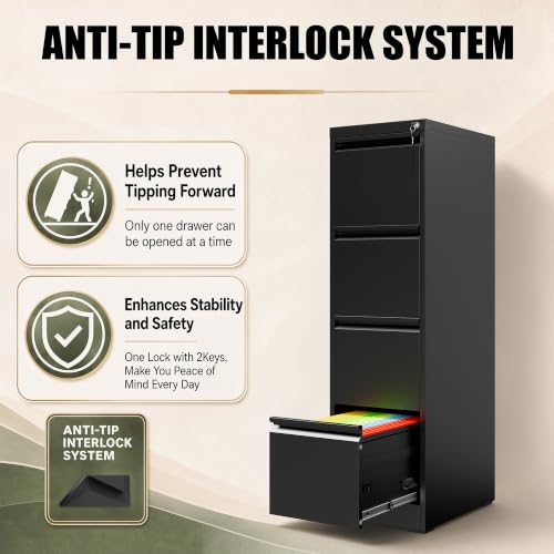 4 Drawer File Cabinet for Home Office, Vertical Filing Cabinet - color: Black, size: 52.3"H - 4 Drawer