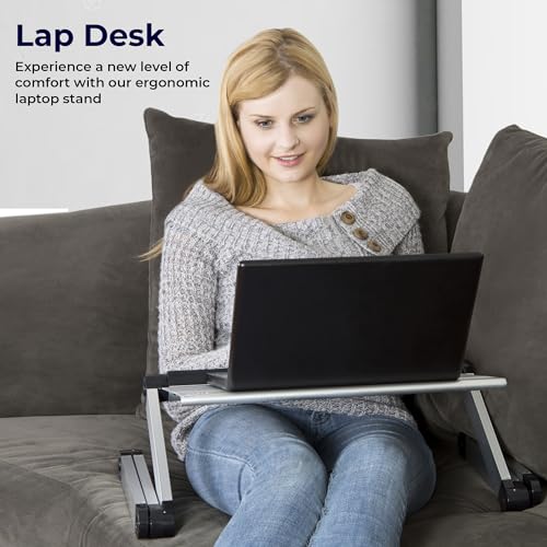 WorkEZ Cooling Adjustable Laptop Stand for Desk w/Fan USB Ports Mouse Pad Ergonomic Foldable Laptop Stand Riser Portable Computer Holder, Silver | WorkEZ Cool. Adjustable computer stand for laptop and foldable laptop table for bed or sofa, holds up to 15.