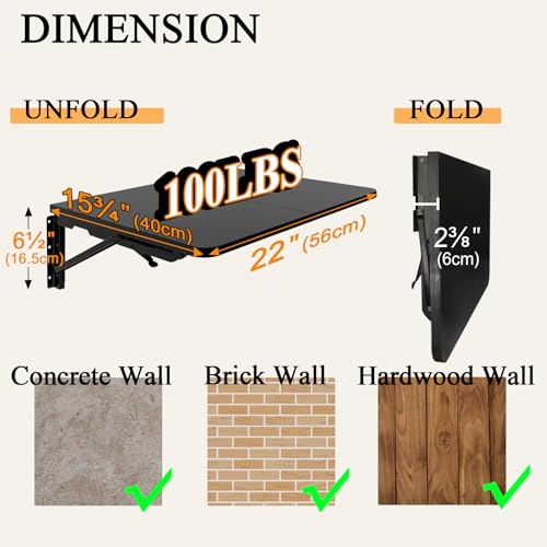 TEAMIX Wall Mounted Folding Table for Small Spaces, Black Floating Desk - color: Black, size: 22"W x 15.7"D