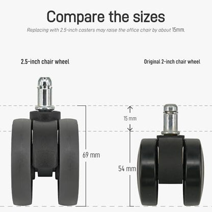 Office Desk Chair Wheels Replacement, Computer Gaming Casters for Carpet，2.5 Inch Stem 7/16-7/8 Set of 5 for Furniture Hardwood Hard Floors Chair Casters Tile Smooth Safe Quiet Rolling 660LB - style: 2.5 inch（Black & Grey）