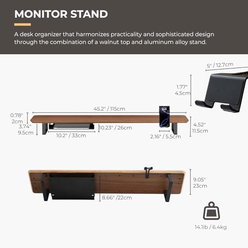 muso wood Dual Monitor Stand with Storage Shelf, 45 Inch Wooden Monitor Riser for 2 Monitors, Walnut Desk Shelf for Computer, Laptop, Screen, TV, Printer