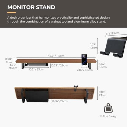 muso wood Dual Monitor Stand with Storage Shelf, 45 Inch Wooden Monitor Riser for 2 Monitors, Walnut Desk Shelf for Computer, Laptop, Screen, TV, Printer