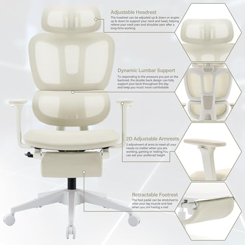 Ergonomic Office Chair with Retractable Footrest, Cream | High Back Design, Dynamic Lumbar Support, 2D Headrest & 2D Armrests, Breathable Mesh Back for Home Office - color: Cream